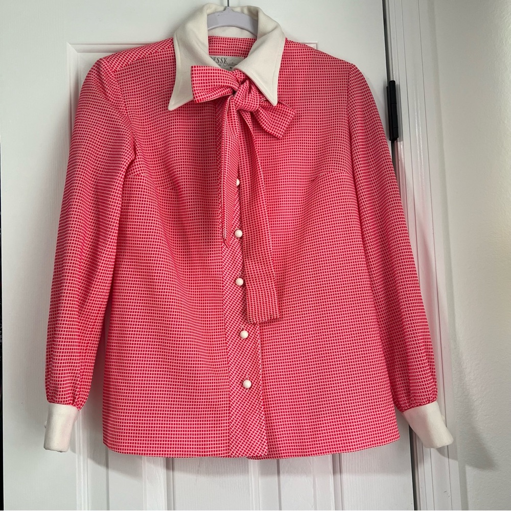 Vintage Dessy Creations NY Long Sleeve Gingham Collared‎ Button Front Blouse Top